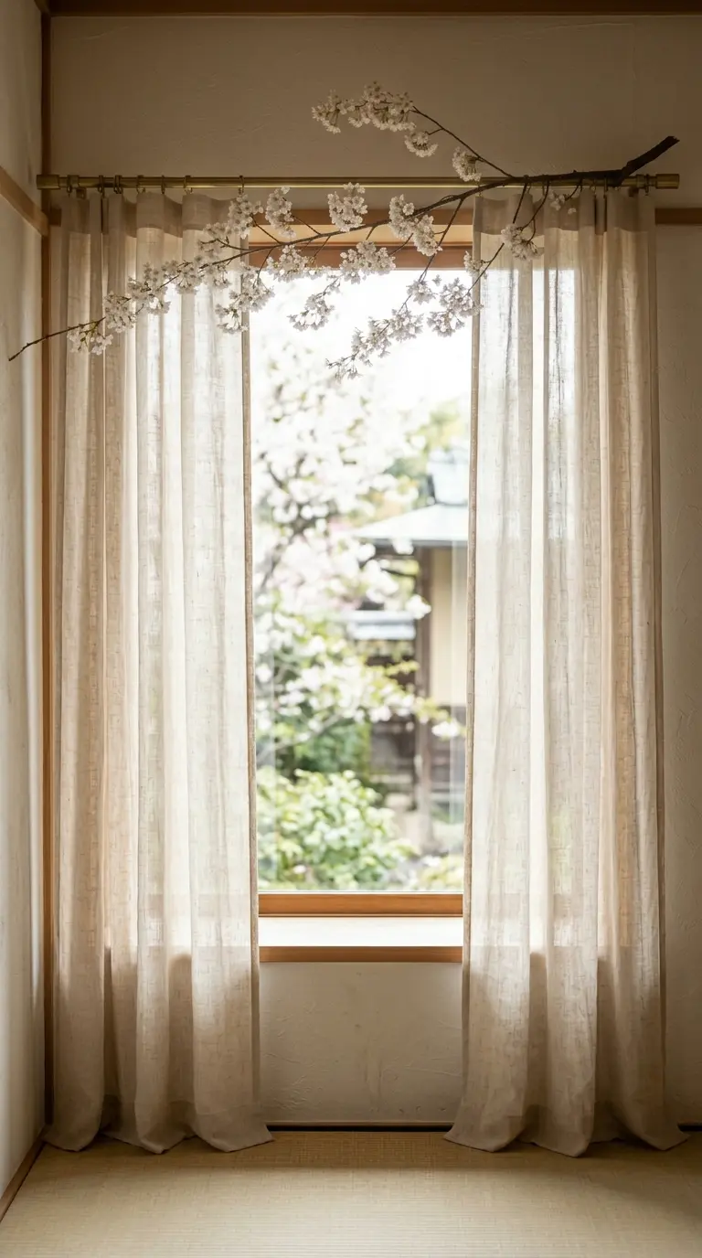 22 Classy Easter Decor Ideas That Feel Quietly Luxurious 11 Sheer Linen Curtain Panels Styled With a Spring Branch