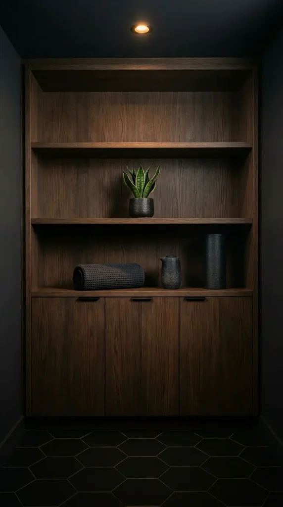 20 Luxury Home Gym Ideas - Dark Boutique Fitness Studio 12 Build a Custom Dark Timber Storage Wall With Hidden Equipment