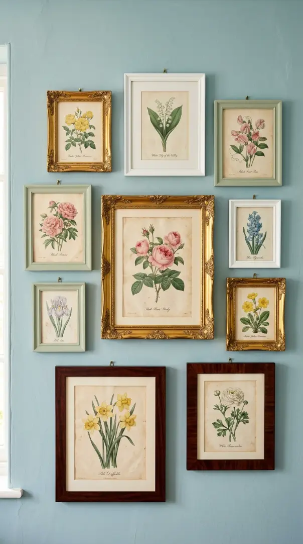 22 Cutest Easter Home Decor - Grandmillennial Chintz Style 12 12. Hang Framed Vintage Botanical Prints in an Easter Gallery Wall