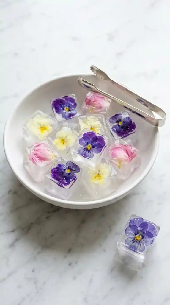 18 DIY Spring Party Decor Ideas - Elevated Mimosa Bar Setup 12 Offer Edible Flower Ice Cubes as a Luxury Garnish Detail