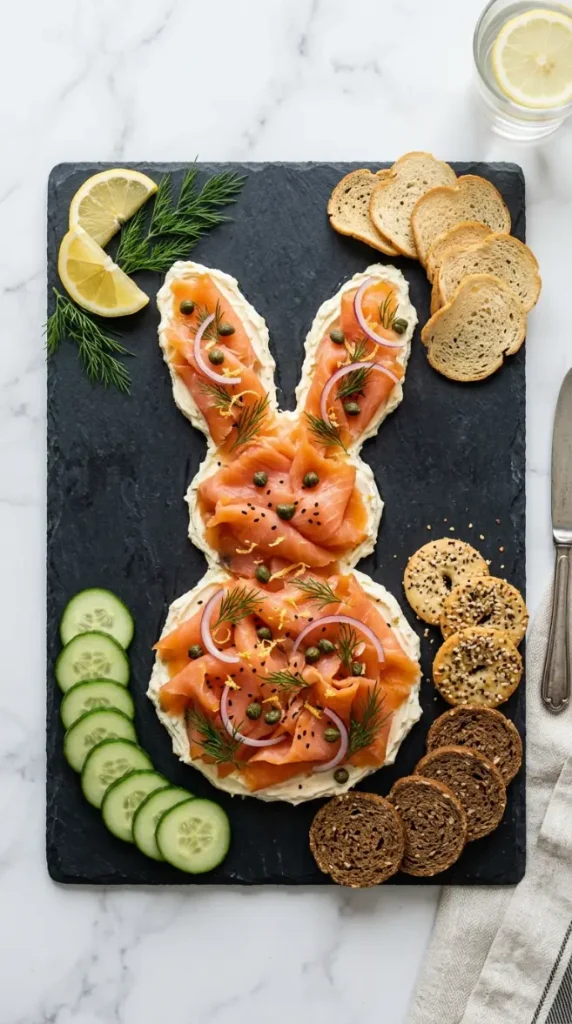 20 Cutest Easter Home Decor Bunny Charcuterie Board 12 Smoked Salmon and Cream Cheese Bunny Brunch Board
