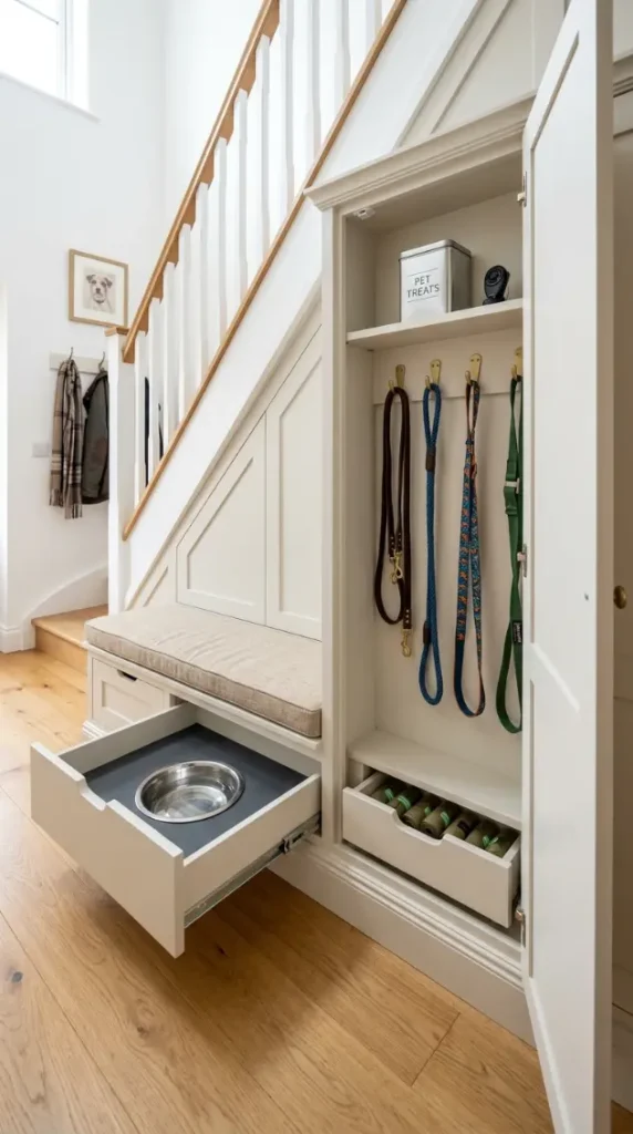 20 Staircase Storage Ideas With a Luxury Pet Nook Build 12 12. Under-Stair Mudroom Bench With Custom Pet Lead and Accessory Organizer
