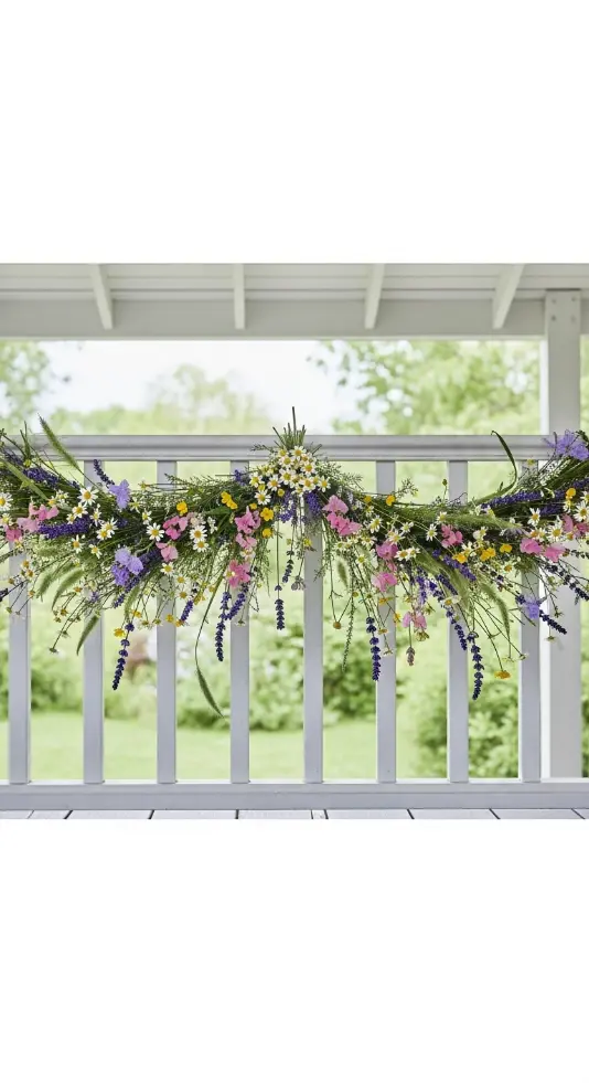 18 Spring Front Porch Ideas - Wildflower Cottage Style 12 12. Wildflower Garland Draped Along Porch Railing