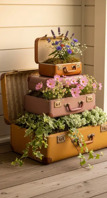 18 Spring Front Porch Ideas - Wildflower Cottage Style 13 13. Stacked Vintage Suitcase Planter Tower