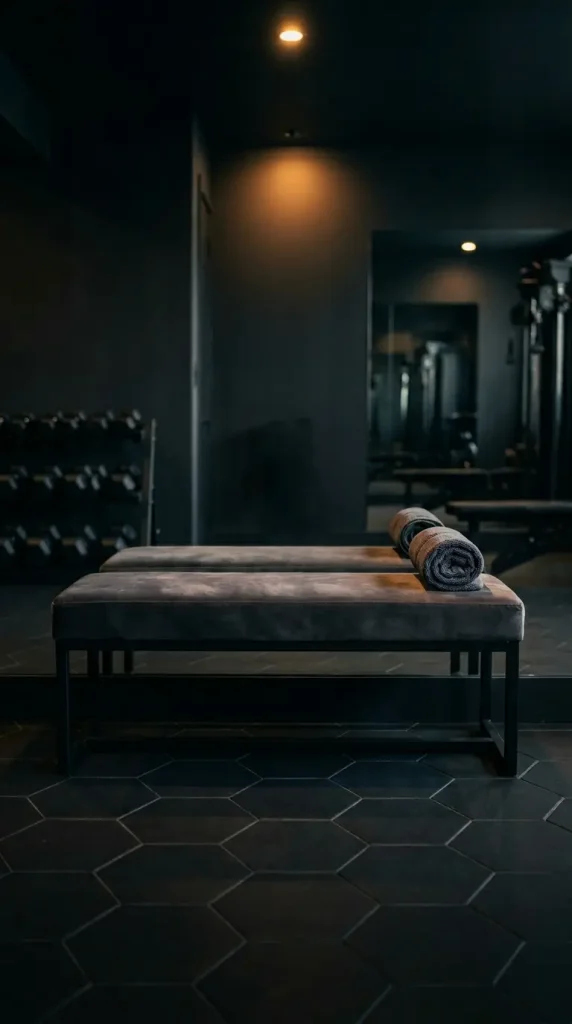 20 Luxury Home Gym Ideas - Dark Boutique Fitness Studio 13 Use Dark Velvet or Leather Bench Seating as a Styling Detail