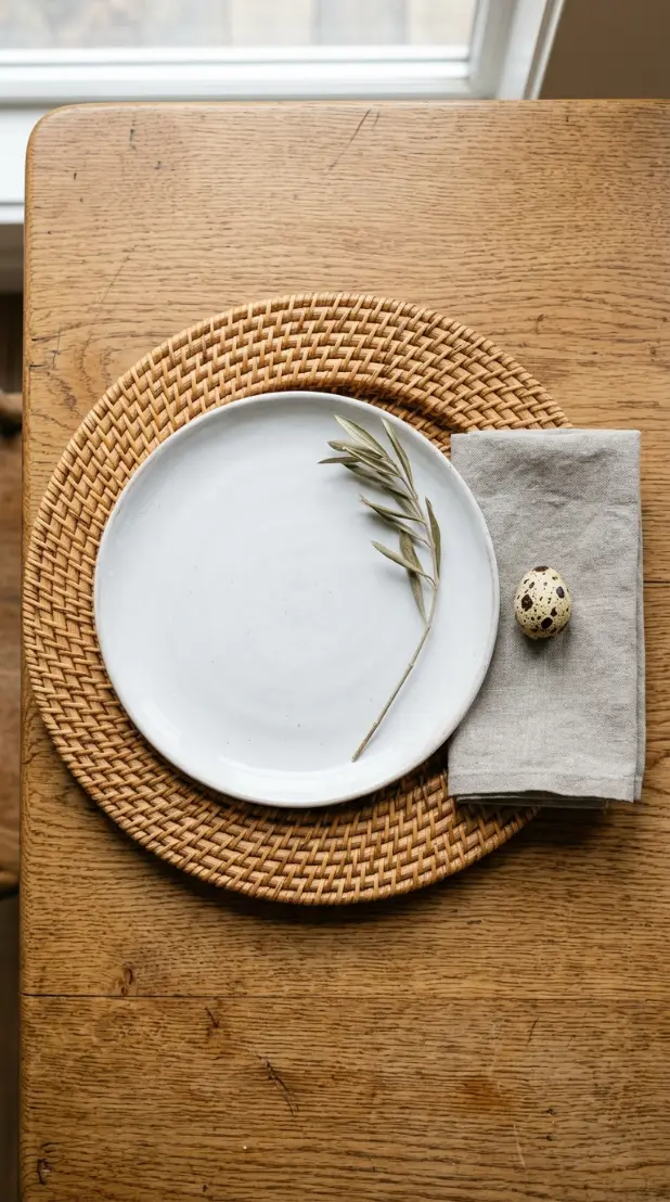 22 Classy Easter Decor Ideas That Feel Quietly Luxurious 13 Woven Rattan Charger Plates as Easter Table Foundation