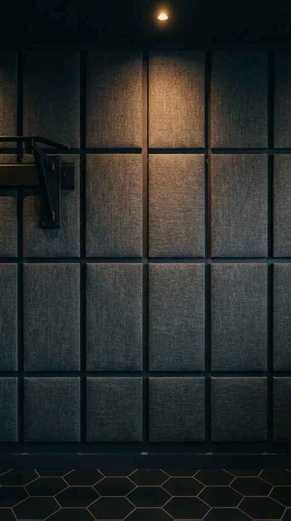 20 Luxury Home Gym Ideas - Dark Boutique Fitness Studio 14 Install a Dark Acoustic Panel Wall for Sound and Visual Texture