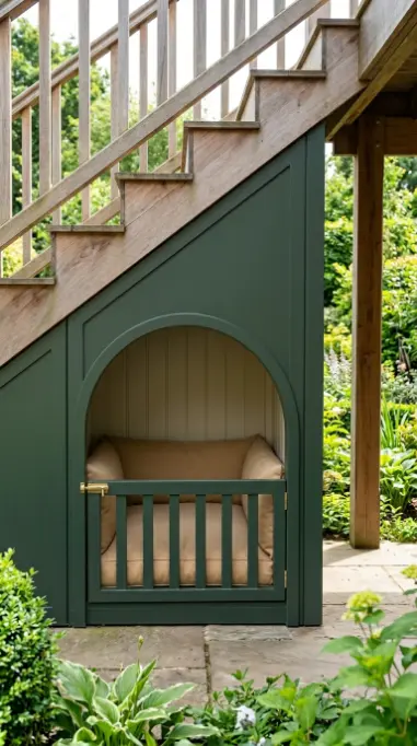 20 Staircase Storage Ideas With a Luxury Pet Nook Build 14 14. Outdoor Under-Deck Pet Nook Inspired by the Under-Stair Concept