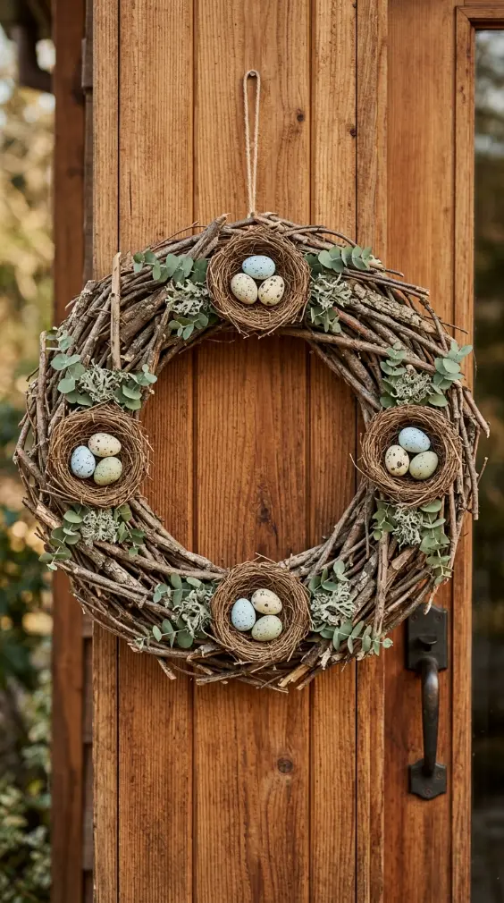 22 Cutest Easter Home Decor Speckled Egg Front Door Wreath 14 Speckled Egg Wreath With Feathers and Quail Details
