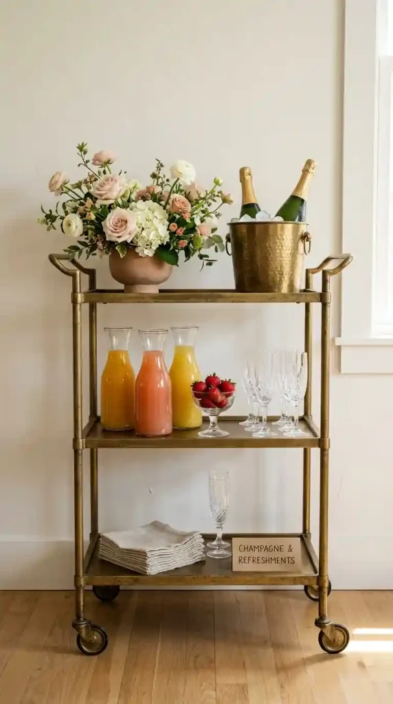 18 DIY Spring Party Decor Ideas - Elevated Mimosa Bar Setup 14 Use a Vintage Bar Cart as Your Mimosa Station