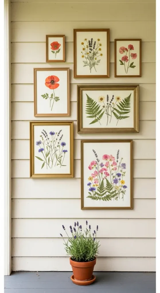 18 Spring Front Porch Ideas - Wildflower Cottage Style 14 14. Wildflower Pressed Art Displayed in Porch Frames