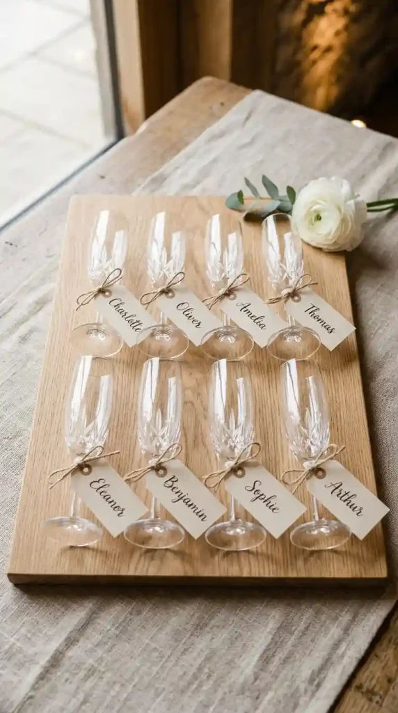 18 DIY Spring Party Decor Ideas - Elevated Mimosa Bar Setup 15 Add Personalized Flute Tags for a Guest-Specific Touch