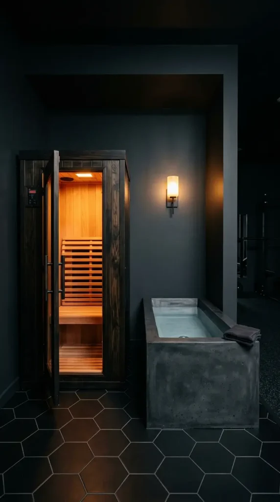 20 Luxury Home Gym Ideas - Dark Boutique Fitness Studio 15 Add a Dark Sauna or Cold Plunge Alcove as a Recovery Extension