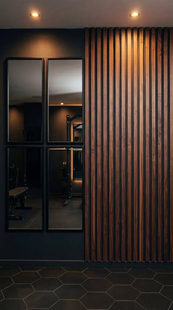 18 Home Gym Mirror Ideas With Black Frame Wall That Creates Infinite Space Illusion 15 15. Black Frame Mirror Paired With Dark Timber Slat Feature Wall