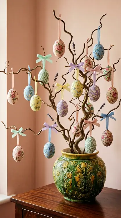 22 Cutest Easter Home Decor - Grandmillennial Chintz Style 15 15. Make a Fabric Covered Easter Egg Tree in Chintz Prints
