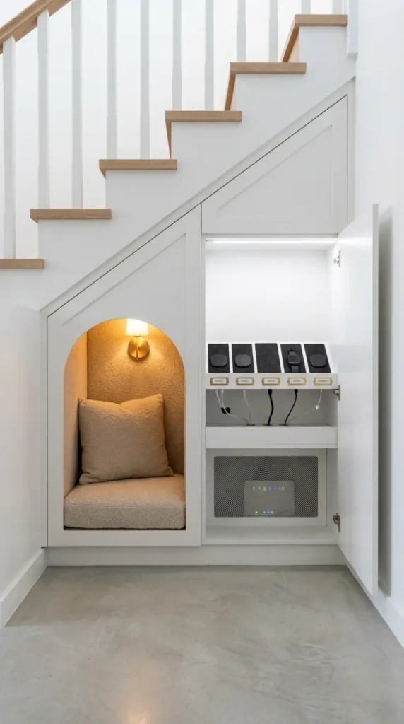 20 Staircase Storage Ideas With a Luxury Pet Nook Build 15 15. Under-Stair Storage With Integrated Charging Station and Tech Hub