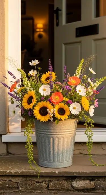 18 Spring Front Porch Ideas - Wildflower Cottage Style 15 15. Wildflower Bucket Arrangement at the Front Door