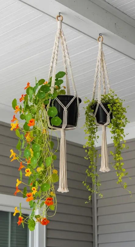 18 Spring Front Porch Ideas - Wildflower Cottage Style 16 16. Hanging Macramé Planter with Trailing Wildflowers