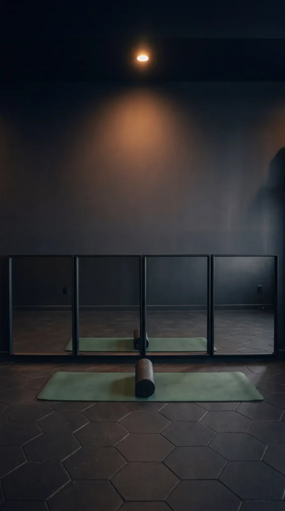 18 Home Gym Mirror Ideas With Black Frame Wall That Creates Infinite Space Illusion 16 16. Low-Mounted Black Frame Mirror Strip at Floor Level for Yoga and Stretching