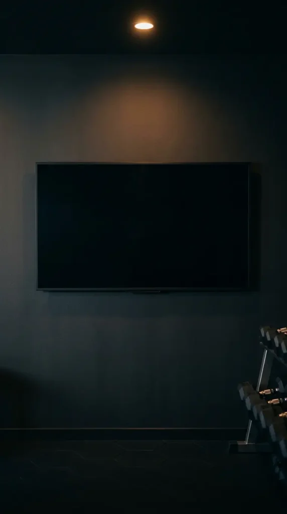 20 Luxury Home Gym Ideas - Dark Boutique Fitness Studio 16 Mount a Dark-Framed TV or Training Screen at Eye Level