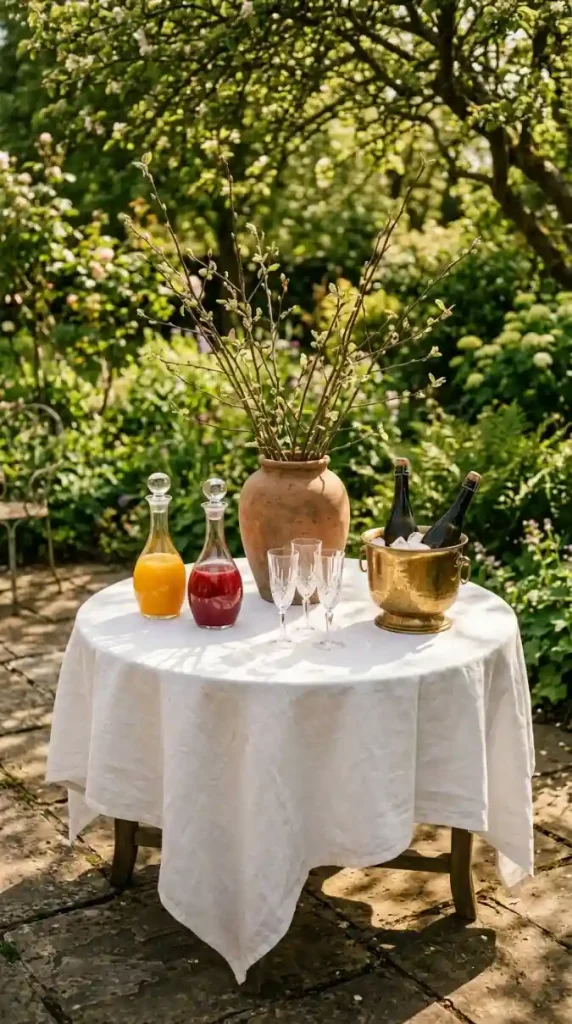 18 DIY Spring Party Decor Ideas - Elevated Mimosa Bar Setup 16 Set Up an Outdoor Mimosa Bar on a Garden Table