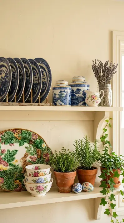 22 Cutest Easter Home Decor - Grandmillennial Chintz Style 16 16. Style Your Kitchen Shelves With Floral China and Spring Provisions