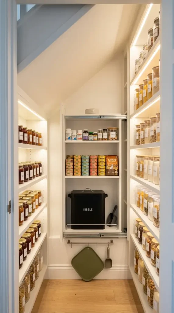 20 Staircase Storage Ideas With a Luxury Pet Nook Build 16 16. Under-Stair Pantry With Pull-Out Pet Food Storage Section