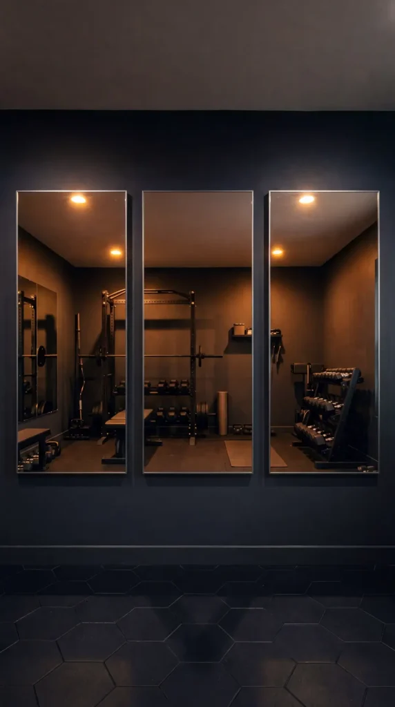18 Home Gym Mirror Ideas With Black Frame Wall That Creates Infinite Space Illusion 17 17. Black Frame Triptych Mirror as a Functional Art Installation