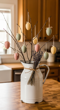 22 Cutest Easter Home Decor Easter Tree Statement Piece 17 Easter Tree in a Vintage Milk Jug Vase