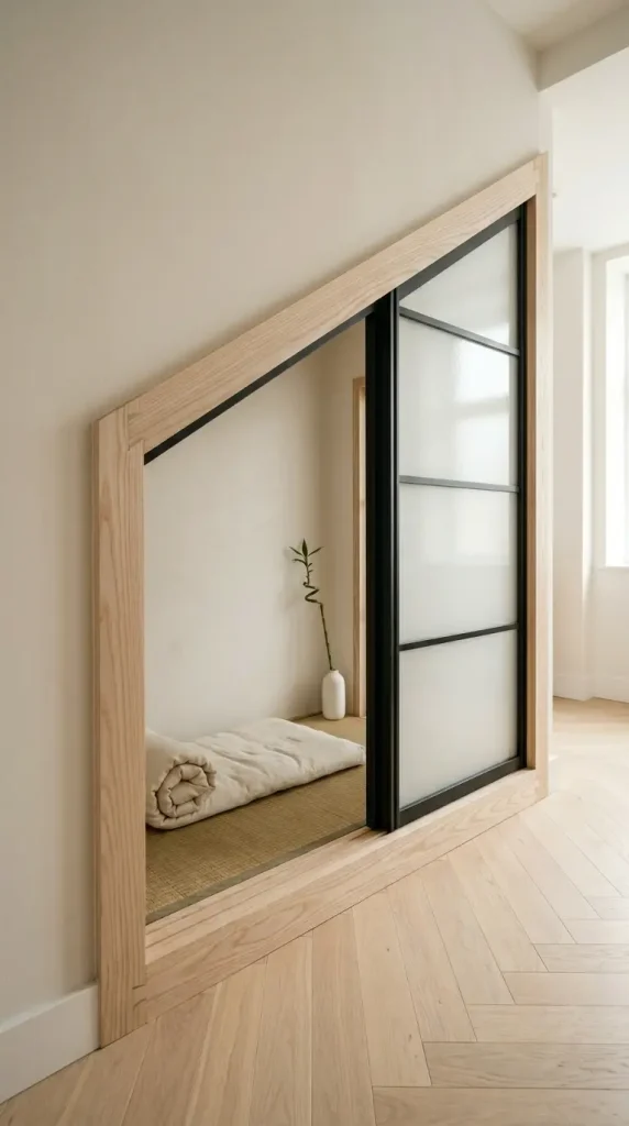 20 Staircase Storage Ideas With a Luxury Pet Nook Build 17 17. Minimal Japandi Under-Stair Pet Nook With Shoji Screen Door