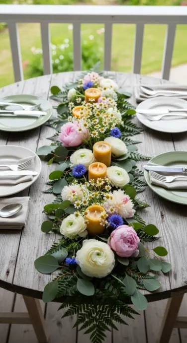 18 Spring Front Porch Ideas - Wildflower Cottage Style 17 17. Wildflower Table Runner for a Porch Dining Setup