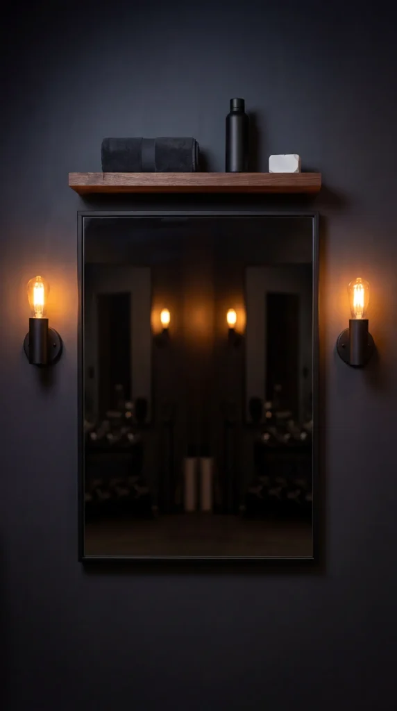 18 Home Gym Mirror Ideas With Black Frame Wall That Creates Infinite Space Illusion 18 18. Black Frame Mirror With Matte Black Shelf and Lighting Sconce as a Complete Wall Unit