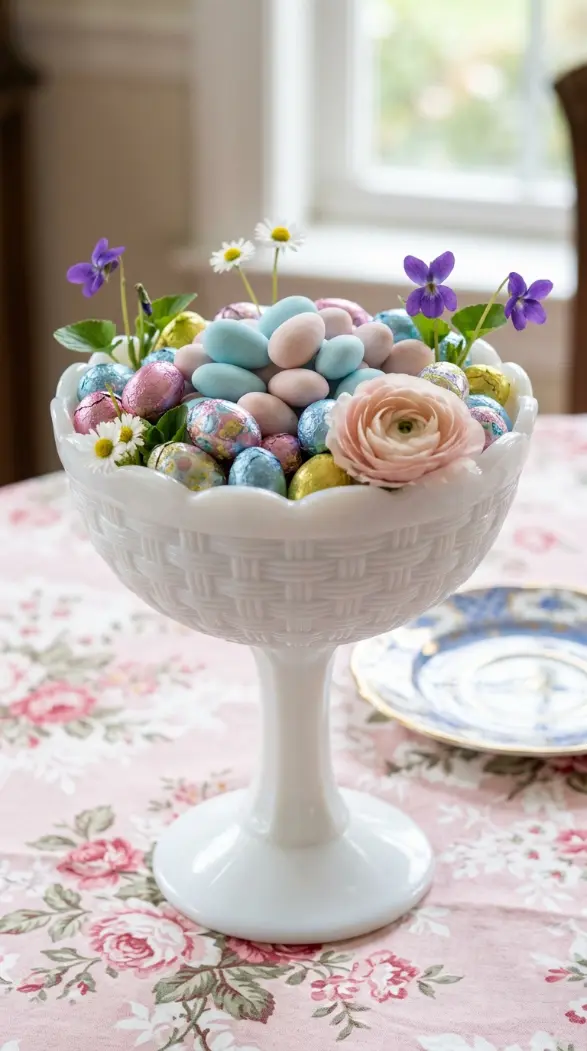 22 Cutest Easter Home Decor - Grandmillennial Chintz Style 18 18. Fill a Milk Glass Compote With Easter Candy and Spring Blooms