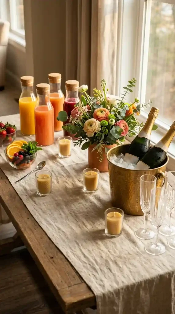 18 DIY Spring Party Decor Ideas - Elevated Mimosa Bar Setup 18 Finish With Spring-Scented Votive Candles Scattered Along the Bar