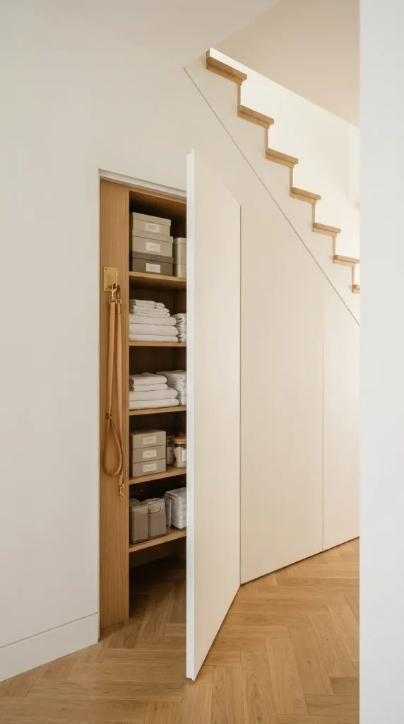 20 Staircase Storage Ideas With a Luxury Pet Nook Build 18 18. Under-Stair Hidden Storage Behind Flush Panel Doors