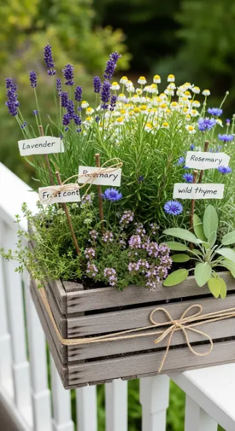 18 Spring Front Porch Ideas - Wildflower Cottage Style 18 18. Wildflower Herb Garden Crate on Porch Railing
