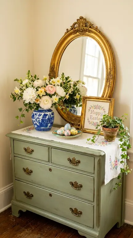 22 Cutest Easter Home Decor - Grandmillennial Chintz Style 19 19. Style a Grandmillennial Easter Vignette on a Painted Chest of Drawers