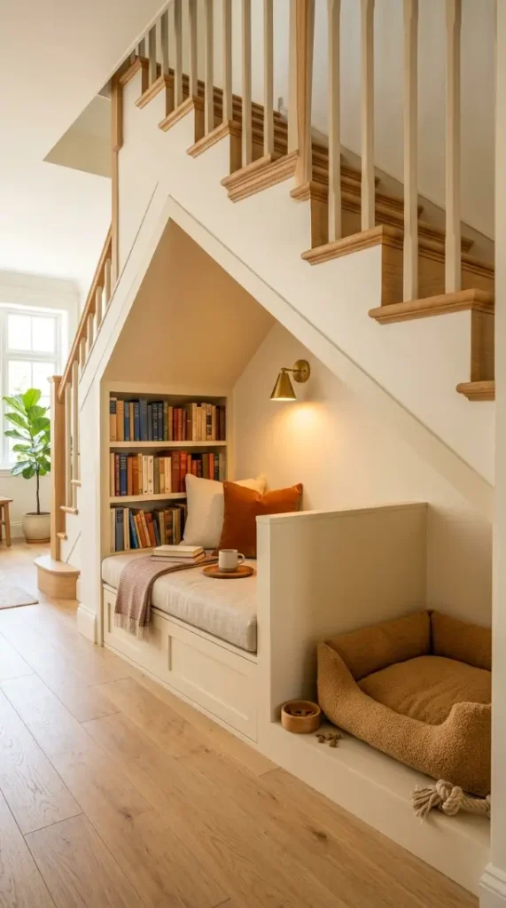 20 Staircase Storage Ideas With a Luxury Pet Nook Build 19 19. Under-Stair Reading Nook With Adjacent Pet Sleeping Corner