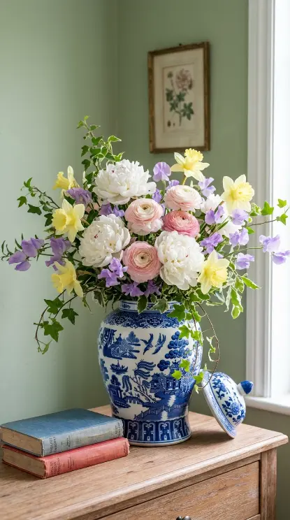 22 Cutest Easter Home Decor - Grandmillennial Chintz Style 2 2. Fill a Blue and White Chinoiserie Ginger Jar With Fresh Blooms