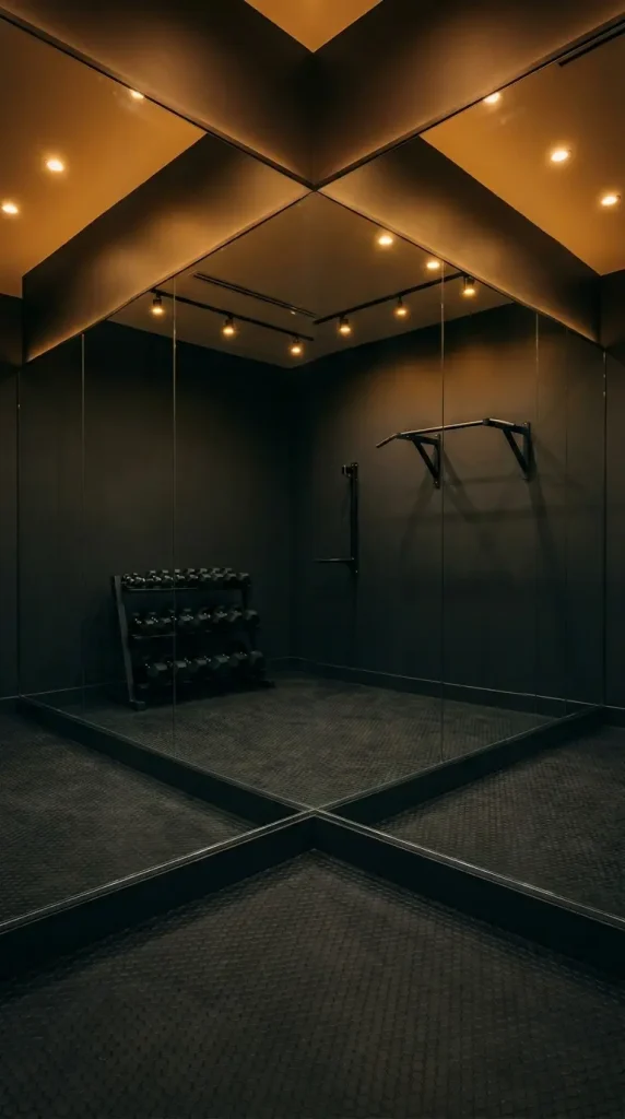 20 Luxury Home Gym Ideas - Dark Boutique Fitness Studio 2 Install Floor-to-Ceiling Frameless Mirror Panels on One Full Wall