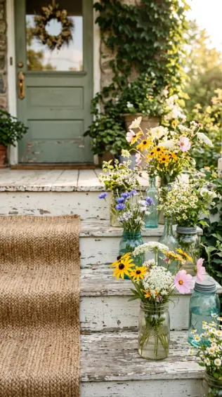 18 Spring Front Porch Ideas - Wildflower Cottage Style 2 2. Mason Jar Wildflower Clusters on Porch Steps
