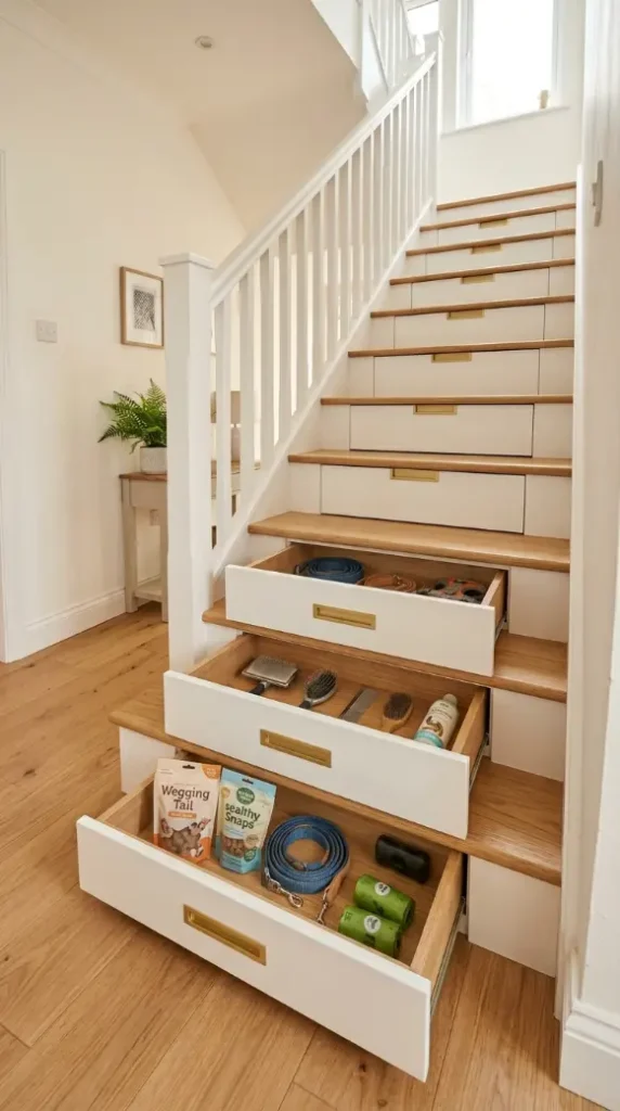 20 Staircase Storage Ideas With a Luxury Pet Nook Build 2 2. Pull-Out Drawers Built Into Every Stair Rise
