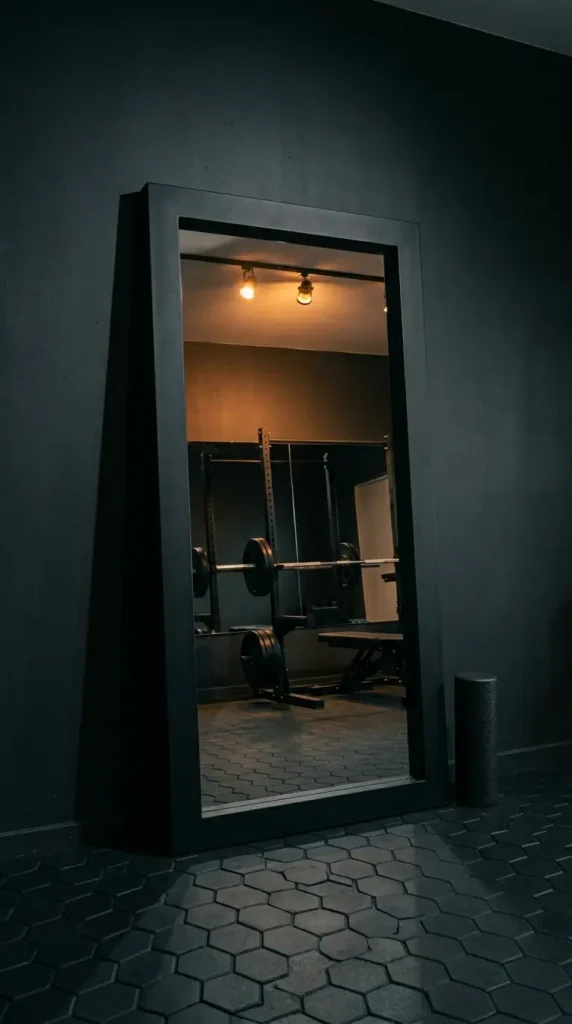 18 Home Gym Mirror Ideas With Black Frame Wall That Creates Infinite Space Illusion 2 2. Single Oversized Black Frame Floor Mirror as a Statement Piece