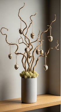 22 Cutest Easter Home Decor Easter Tree Statement Piece 2 Twisted Willow Branch Tree With Hanging Speckled Quail Eggs