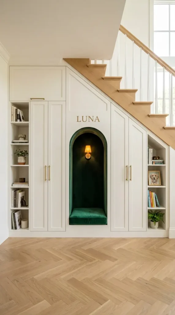 20 Staircase Storage Ideas With a Luxury Pet Nook Build 20 20. Custom Under-Stair Storage Wall With Integrated Luxury Pet Nook as the Centerpiece