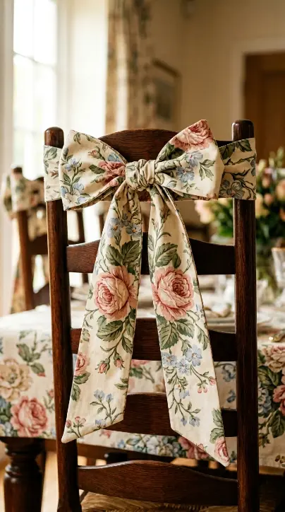 22 Cutest Easter Home Decor - Grandmillennial Chintz Style 20 20. Tie Chintz Fabric Bows on Every Chair Back for Easter Lunch