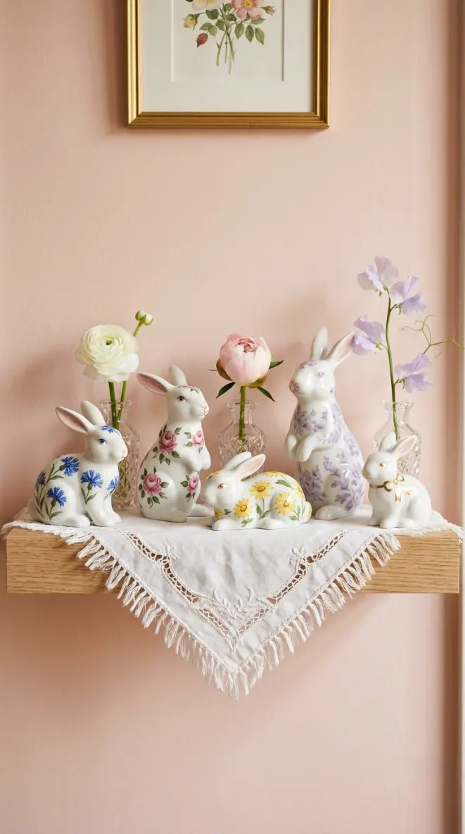 22 Cutest Easter Home Decor - Grandmillennial Chintz Style 21 21. Display a Herend or Limoges Bunny Collection on Open Shelves
