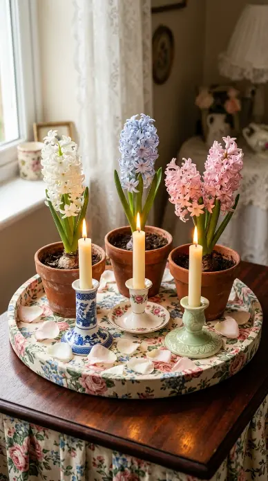 22 Cutest Easter Home Decor - Grandmillennial Chintz Style 22 22. Finish With a Scented Easter Hyacinth and Candle Display