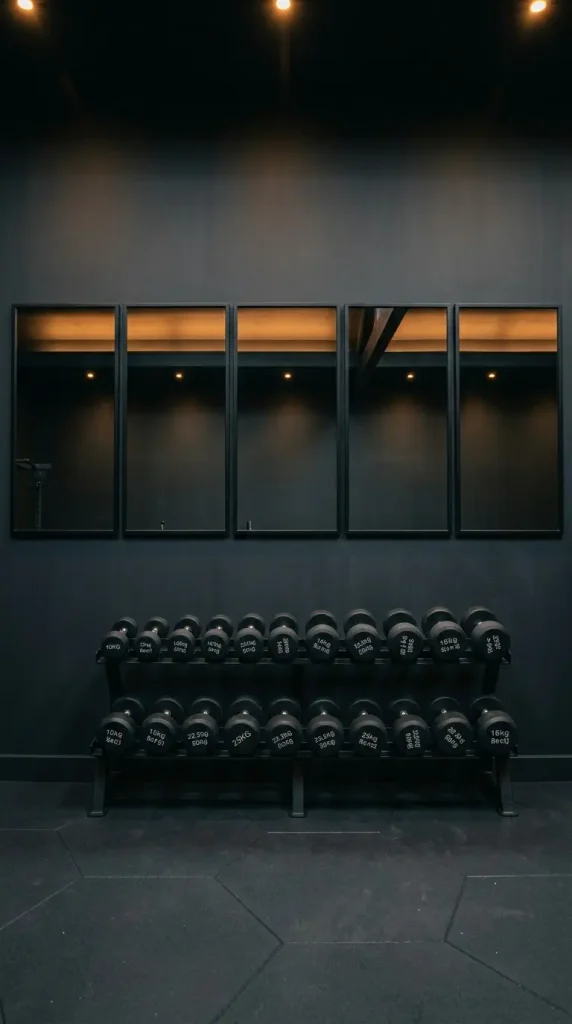 18 Home Gym Mirror Ideas With Black Frame Wall That Creates Infinite Space Illusion 3 3. Black Frame Mirror Strip Along the Top Half of One Wall