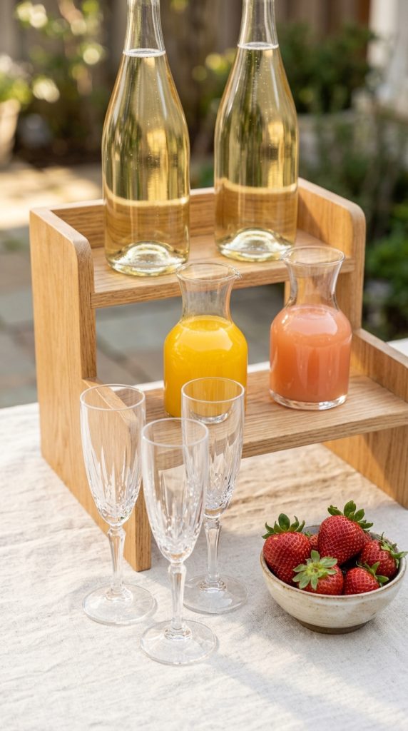 18 DIY Spring Party Decor Ideas - Elevated Mimosa Bar Setup 3 Build Height With a Tiered Wooden Riser